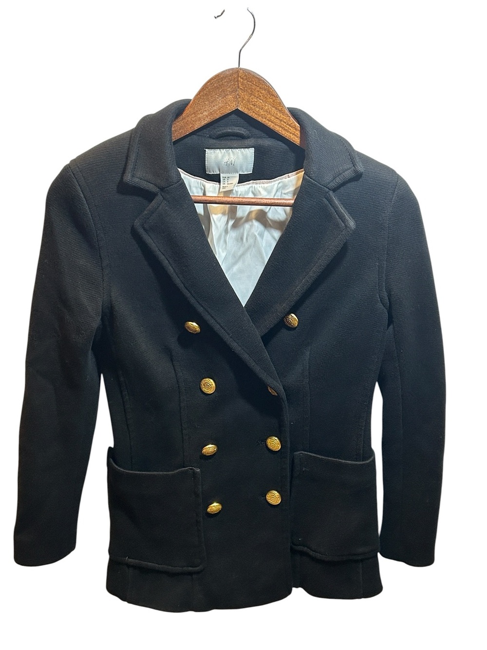 H&M Black Double Breasted Knit Blazer Gold Button Jacket Women’s US 8 EU 38